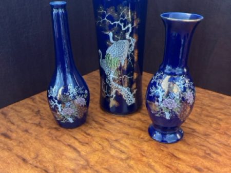 Set of 3 Blue Oriental Vases For Sale